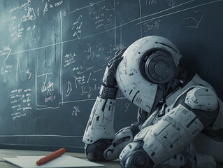 Robot in despair, holding its head, surrounded by mathematical equations and notes, reflecting frustration and confusion