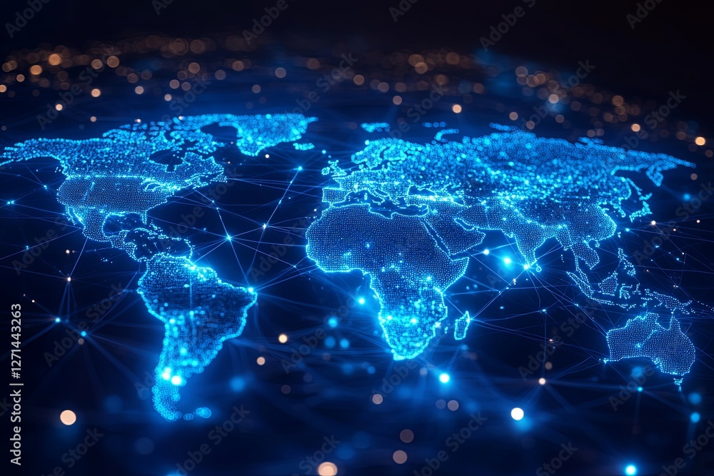 Aufkleber digital representation of a world map illuminated with blue network connections in a dark background