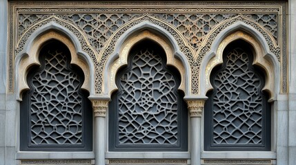 Obraz premium Black silhouette window frame with Ramadan borders, intricate Moroccan gate and mosque elements in traditional Islamic style