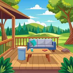 Cozy porch with a sofa and coffee table overlooking a lush green landscape