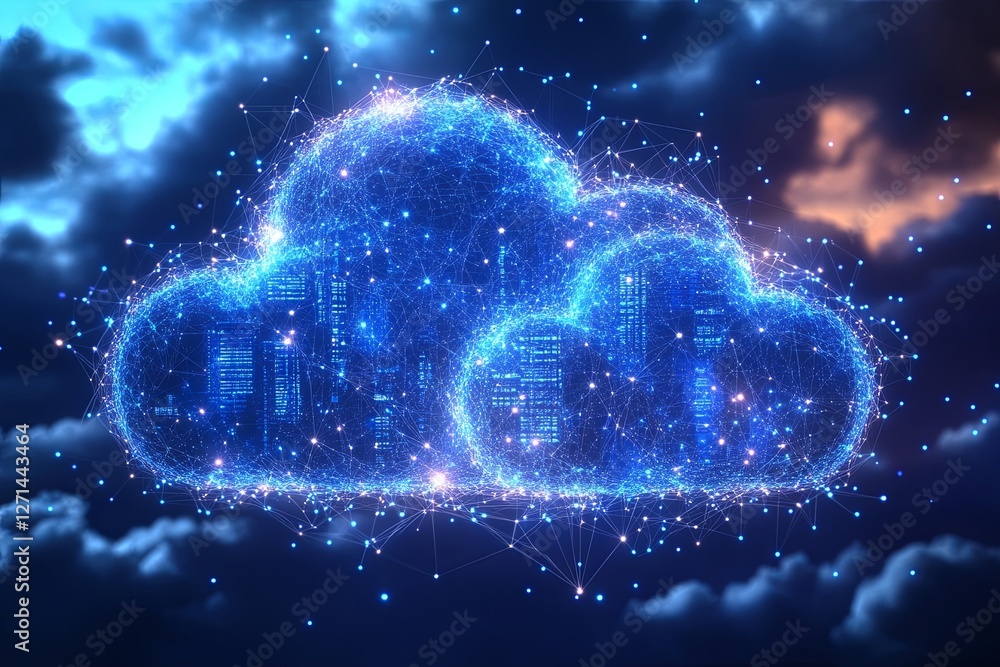 Aufkleber digital cloud server network glowing in a night sky with interconnected nodes and bright lights