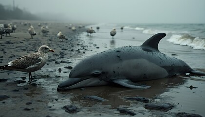 Fototapeta premium Dead Dolphin on an Oil-Contaminated Beach