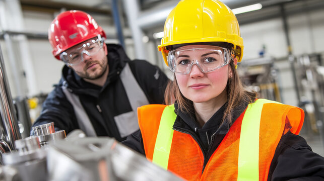 Two industrial workers in high-visibility clothing, one in an orange safety vest and yellow hard hat, the other in a black jacket and red helmet, focused on machinery in an industrial workspace