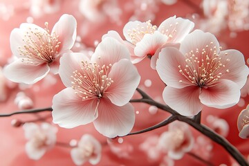 Delicate pink cherry blossoms in full bloom against a soft coral background, evoking springtime beauty
