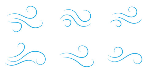 Wind line doodle set. Blue hand drawn wind swirls and gusts. Decorative breeze symbols for weather, nature, and climate designs.