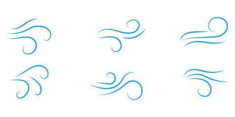 Wind line doodle set. Blue hand drawn wind swirls and gusts. Decorative breeze symbols for weather, nature, and climate designs.