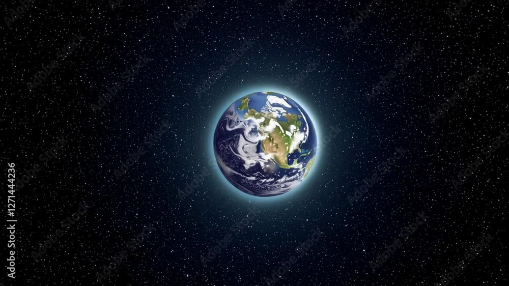 Poster rotating planet earth revealing north and south american continents, gliding through starry deep spa