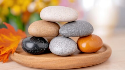 Balanced stack of colorful stones on wooden plate with autumn leaves and floral background