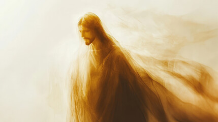 A golden-hued surreal painting of Jesus Christ shrouded in light, symbolizing holiness, faith, and divine presence

