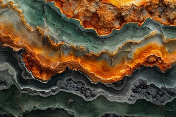 Obraz premium A vibrant close up of layered marble in white, green, and orange, with delicate veins and cracks, delivers a sophisticated for refined backgrounds.