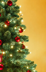 Swiateczna choinka z bliska z migoczącymi światełkami i bombkami