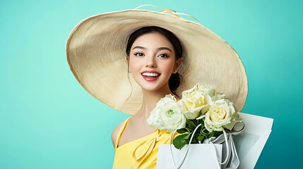 Social media influencer promoting e-commerce sales through live streaming, isolated on a teal background