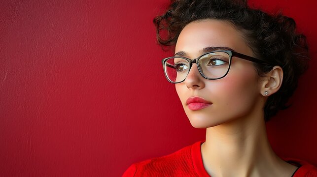 Social media expert reviewing ad engagement insights, isolated on a ruby red background