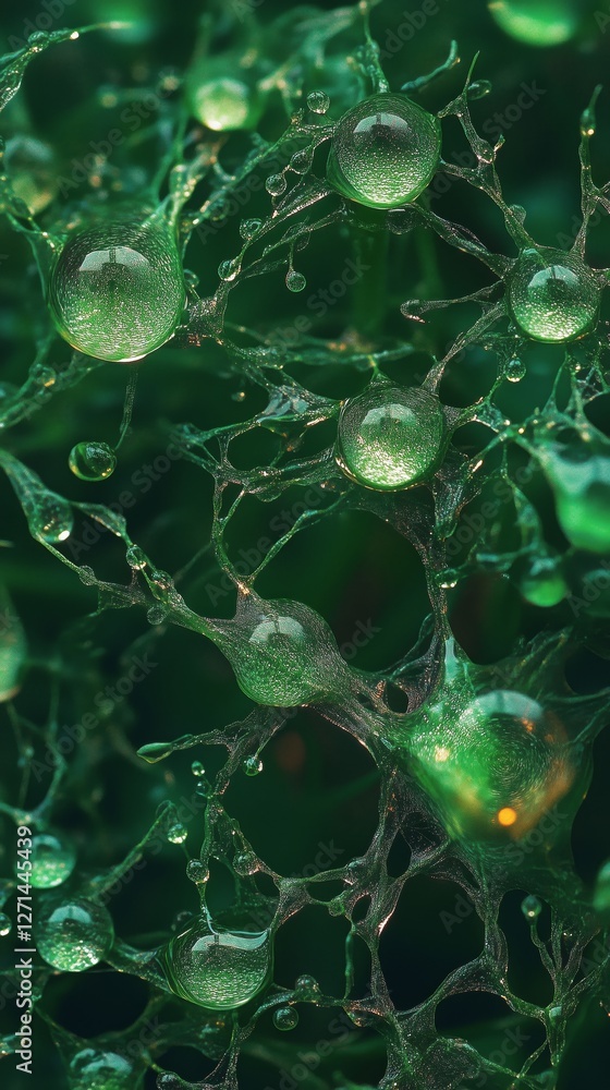 Aufkleber intricate green droplets radiate from a central sphere in a mesmerizing abstract display of nature