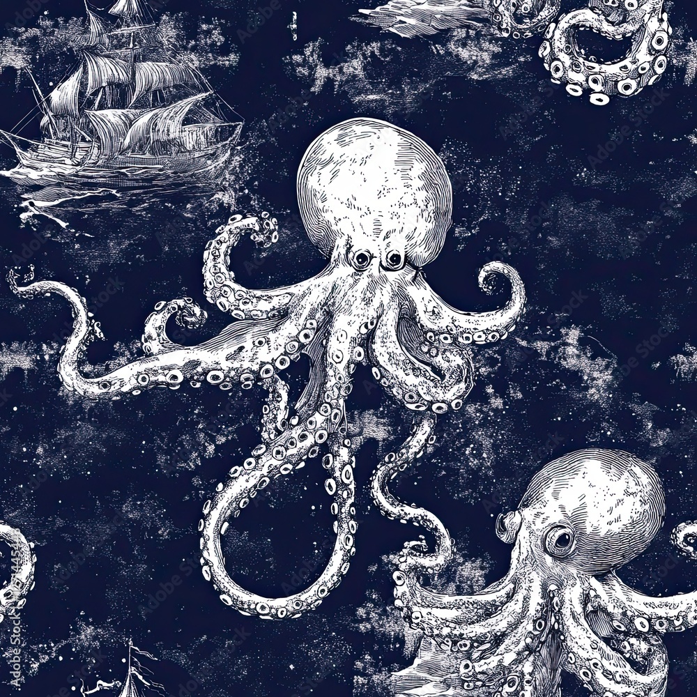 Poster seamless nautical toile pattern octopuses and intricate sea design