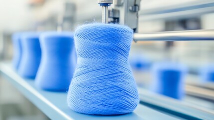 Close-up of Spools of Blue Yarn in a Textile Factory Setting for Crafting or Weaving