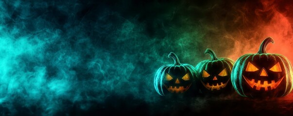 Halloween Pumpkins Glowing in a Dark Smokey Night Spooky Scene