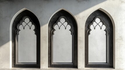 Naklejka premium Traditional Islamic window in black silhouette with Moroccan gate, intricate Eid Mubarak arches and Arabic geometric patterns