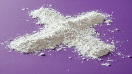 Fototapeta premium White powder in the shape of an empty cross on a purple background, symbolizing Ash Wednesday, Christian faith, and the biblical event of repentance and reflection for the Holy Day