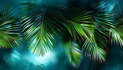 Lush green palm leaves against a soft blue background.
