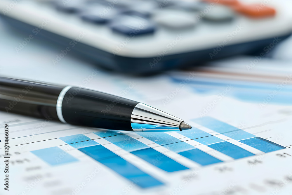 Poster close-up of a pen resting on financial charts with a calculator in the background