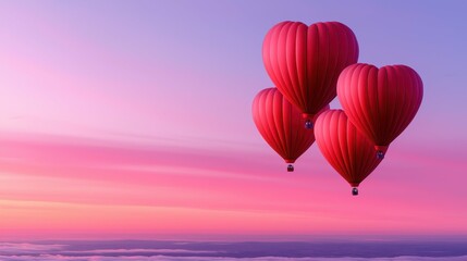 Fototapeta premium Four Red Heart Shaped Hot Air Balloons Ascending in Pink Sky Romantic Adventure and Celebration