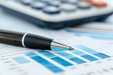 Fototapeta premium Close-up of a pen resting on financial charts with a calculator in the background