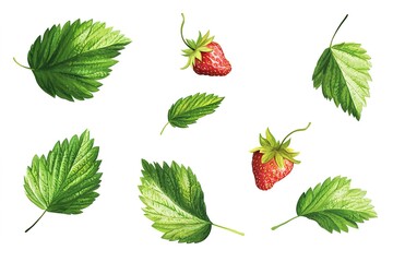 Vibrant Green Strawberry Leaves: Fresh, Natural, and Realistic 3D Render. Perfect for food packaging, blogs, websites, and marketing materials. High-quality image showcasing the detail and texture of 