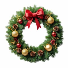 Festive Holiday Christmas Wreath with Red Bow Ornament Pine Cones and Golden Baubles Decorations