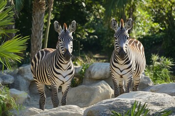 Two zebras standing near water on a sunny day in a natural habitat setting
