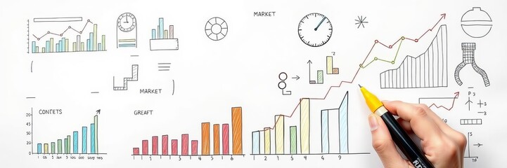 Hand drawn business charts on white paper with colored markers, white, charts