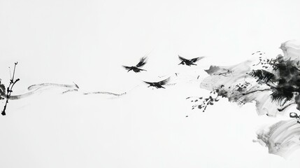 Birds in Flight Sumi e Ink Wash Painting Minimalist Asian Art Style