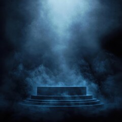 Moody Blue Lit Stage with Steps and Smoke Effect on Dark Background