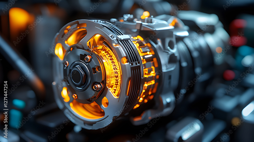 Poster A close-up view of a mechanical component with glowing orange accents, showcasing intricate details and advanced engineering