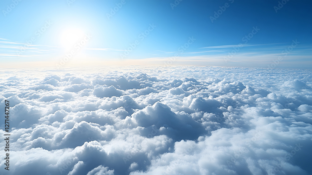 Poster a bright blue sky with fluffy white clouds, illuminated by the sun, creating a serene and uplifting 