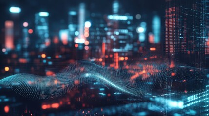 Obraz premium Creative digital wave with interface on blurry night city background. Technology, future and protection concept. Double exposure