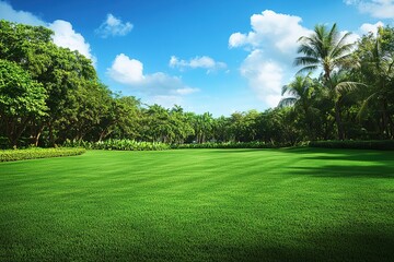 Fototapeta premium Serene Tropical Paradise: Lush Green Lawn, Majestic Palm Trees, and Azure Sky. Perfect for travel brochures, real estate marketing, or any project needing a tranquil, idyllic setting. Evokes feelings 