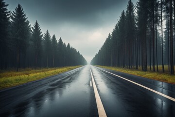 there is a long road with trees on both sides and a line of trees on the other side