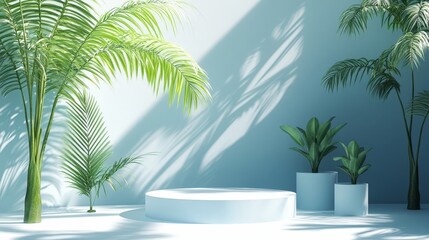 Fototapeta premium Lush indoor tropical plants casting shadows in a minimalistic modern space