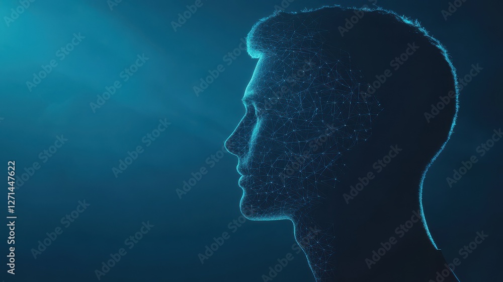 Poster man profile silhouette with abstract polygonal brain on blue background. artificial intelligence and