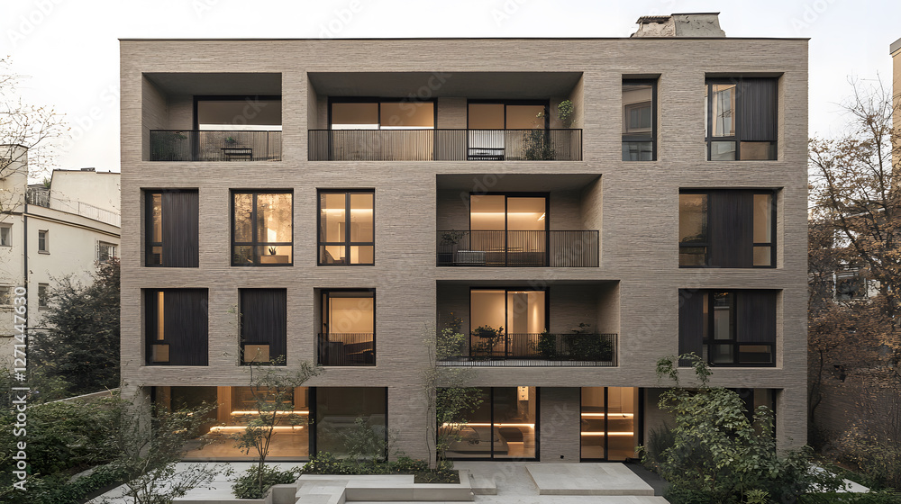 Poster a modern residential building with a minimalist design, featuring large windows and a warm, inviting