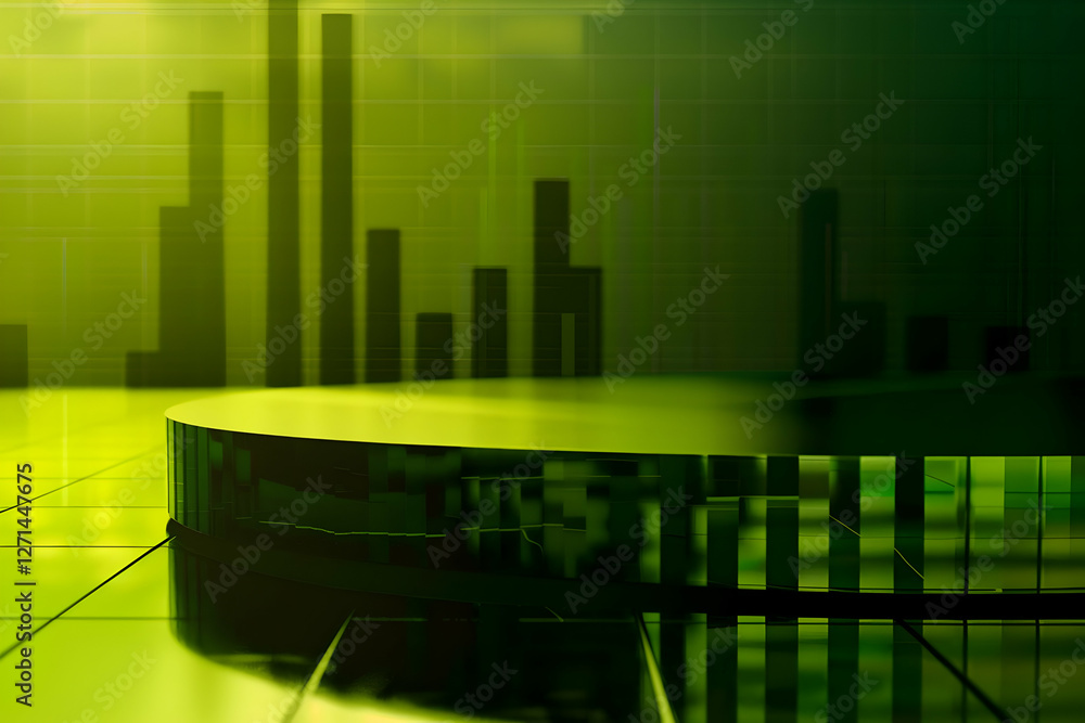 Poster abstract green digital landscape with circular platform and data visualization in the background
