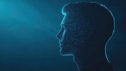 Obraz premium Man profile silhouette with abstract polygonal brain on blue background. Artificial intelligence and mind concept. 3D Rendering.
