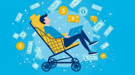 Data-driven marketer using A/B testing to improve online store performance, isolated on a light sky blue background