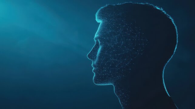 Man profile silhouette with abstract polygonal brain on blue background. Artificial intelligence and mind concept. 3D Rendering.