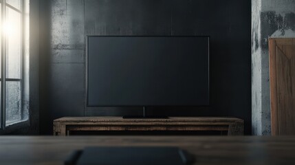 Meeting conference room with blank empty mockup tv screen monitor for advertising standing in modern contemporary office on black wall background. No people. Business technologies concept.