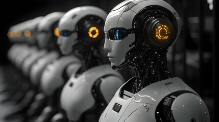 Fototapeta premium Row Of Futuristic Robots In Profile View
