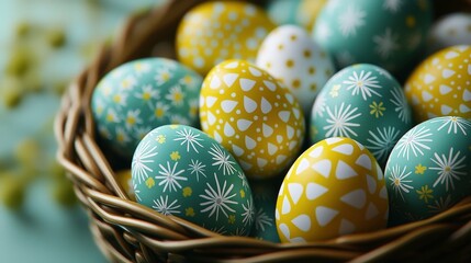 Fototapeta premium Easter Eggs in Woven Basket with Floral Designs on Light Blue Surface