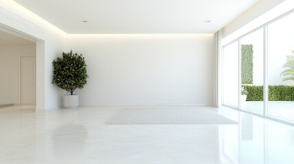 Modern Empty White Living Room with Patio View