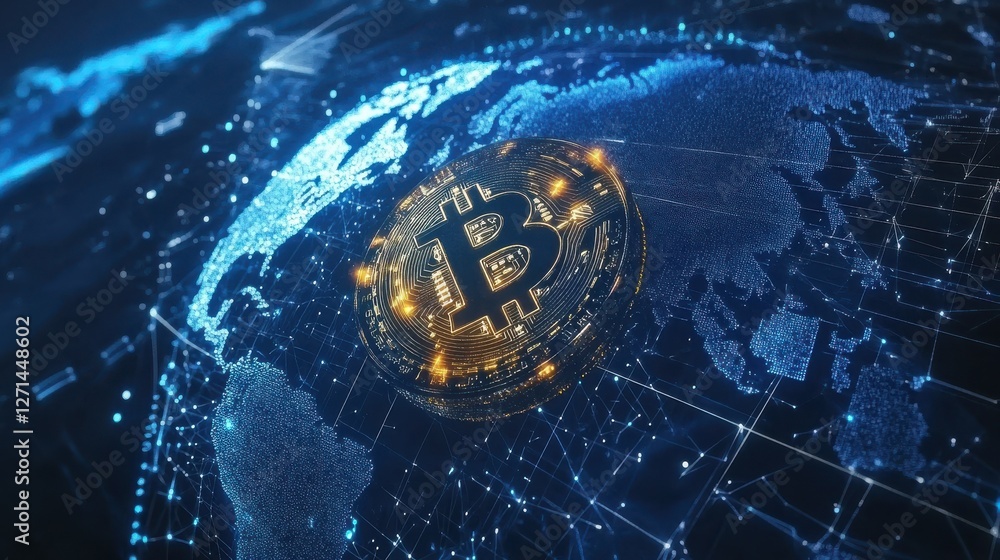 Poster blockchain technology futuristic hud background with world globe and blockchain polygon peer to peer